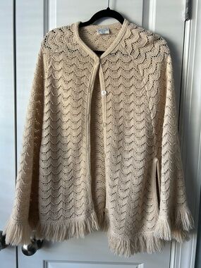 Vintage 70s Sears Open-Knit Fringe Button Up Poncho Boho Cardigan Sweater